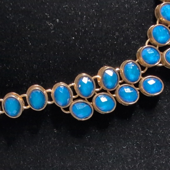 Bold Rich Blue Statement Bib Necklace Gold Tone Multi Stone Layered Choker - Picture 3 of 7